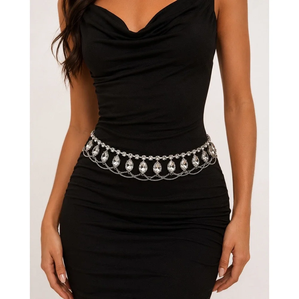 Silver Crystal Rhinestone Chain Belt Pear Cut Draped Tiered Statement Waist Link